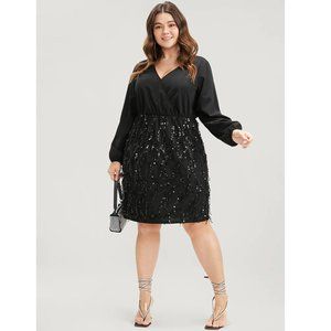 BloomChic Solid Patchwork Wrap Sequin Tassel Detail Dress Black Sparkly 22 3X